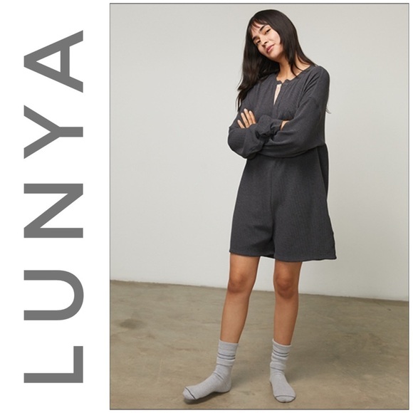 LUNYA Charcoal Waffle Thermal Long Sleeve Sleep Lounge Romper - Picture 1 of 7